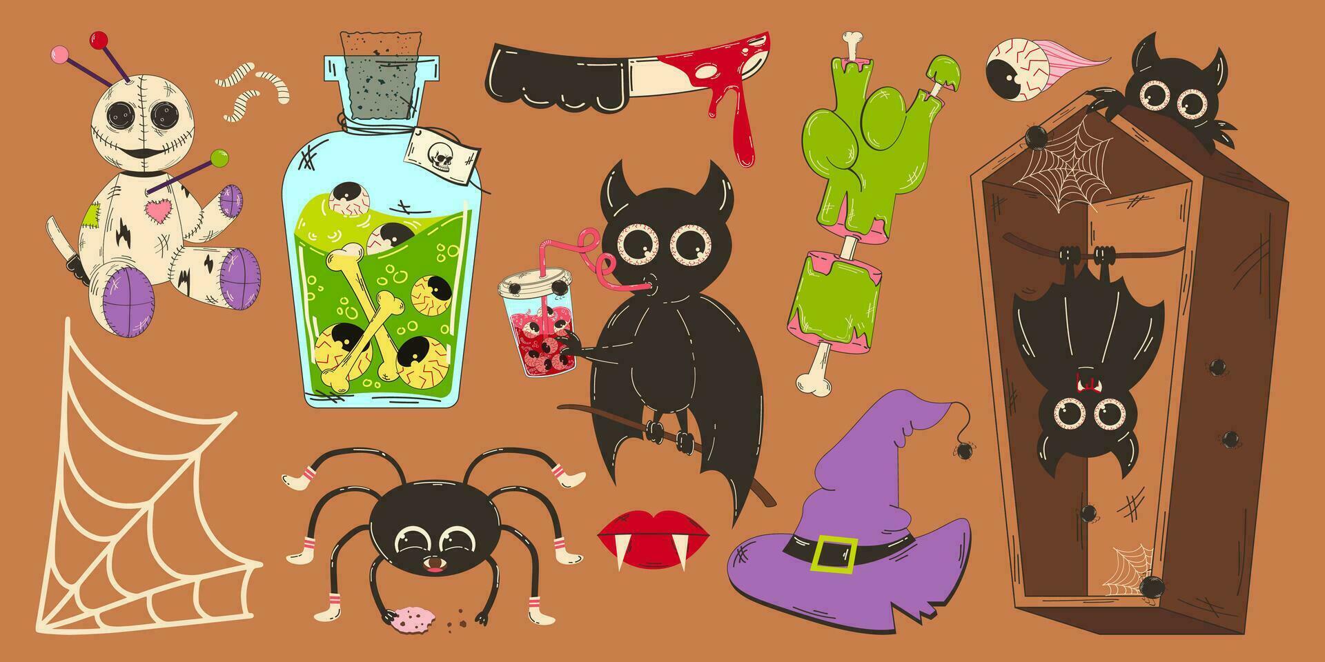 Set of elements for Halloween in retro cartoon style. Coffin with a bat, zombie hand, potion, spider drinks blood and other elements. vector