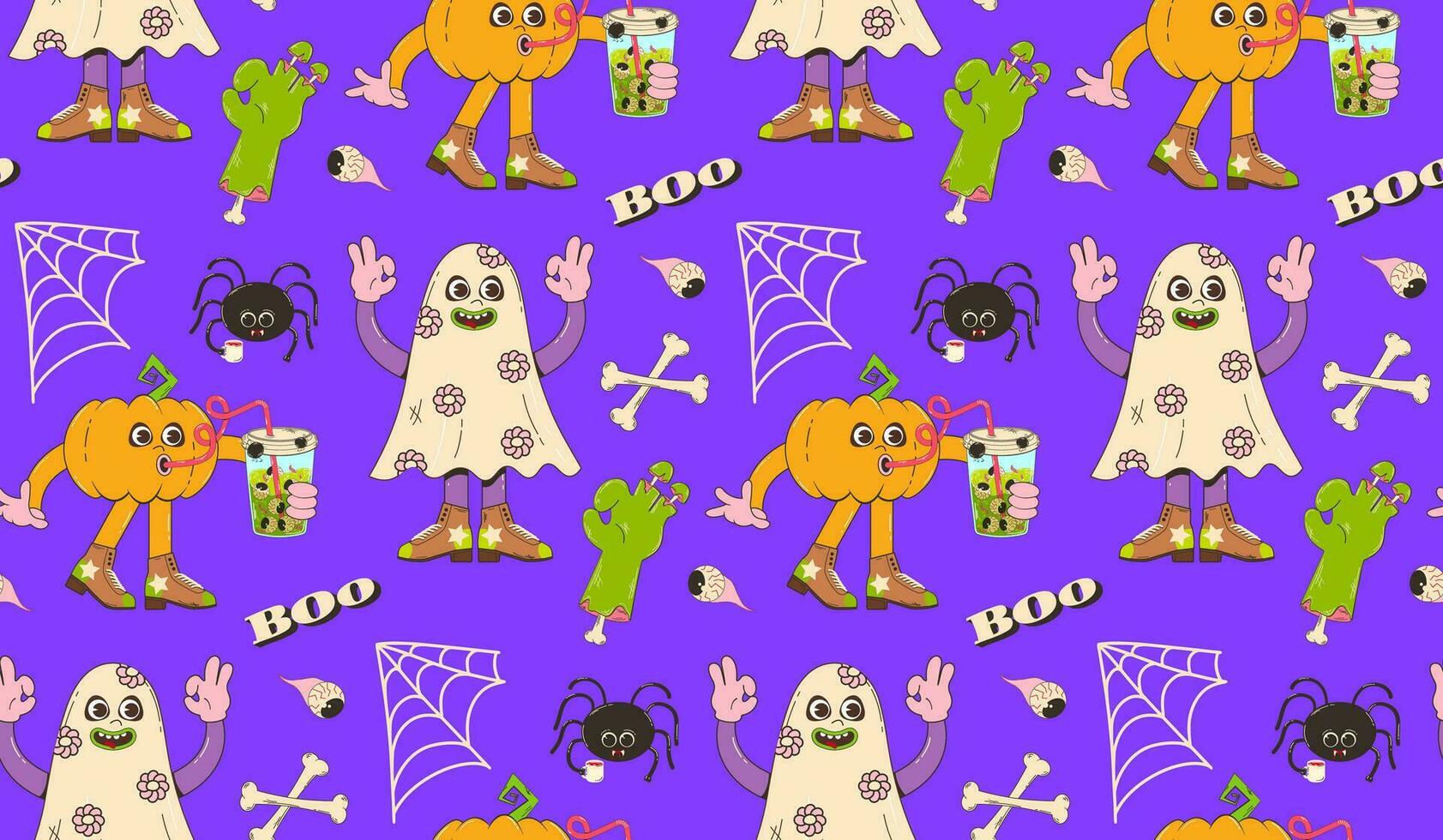 Colorful seamless pattern for Halloween. Vector background with pumpkin and ghost characters in retro cartoon style.