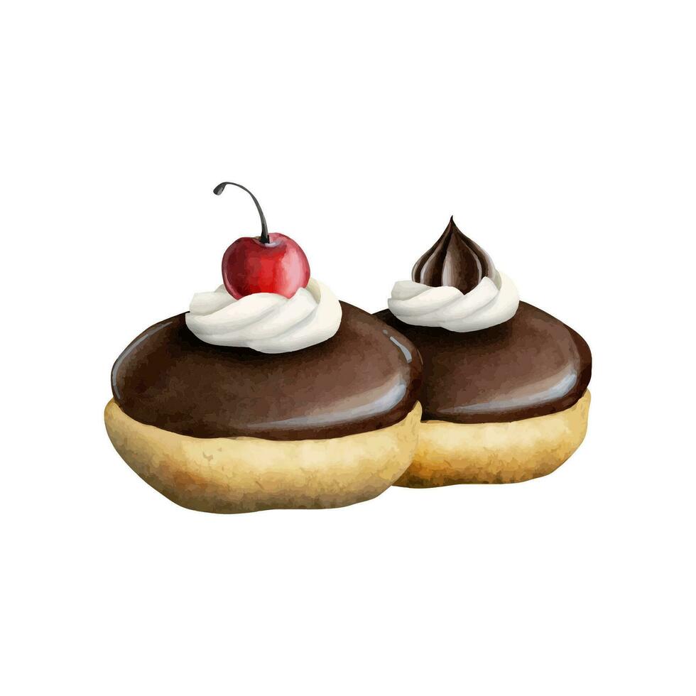 Two chocoloate glazed donuts dessert with whipped cream, chocolate meringue and cherry vector illustration for bakery or cafe