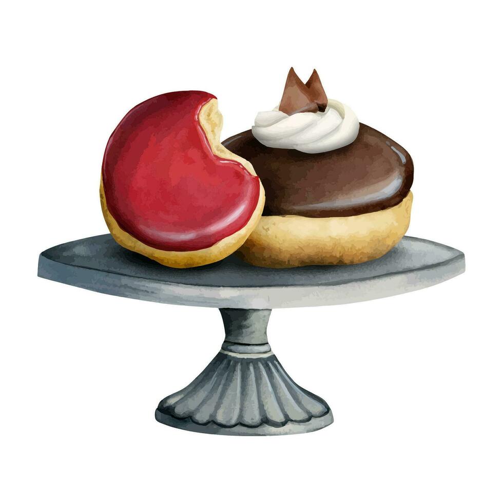 Donuts with chocolate and strawberry glaze on cake stand vector watercolor illustration for bakery, cafe, party