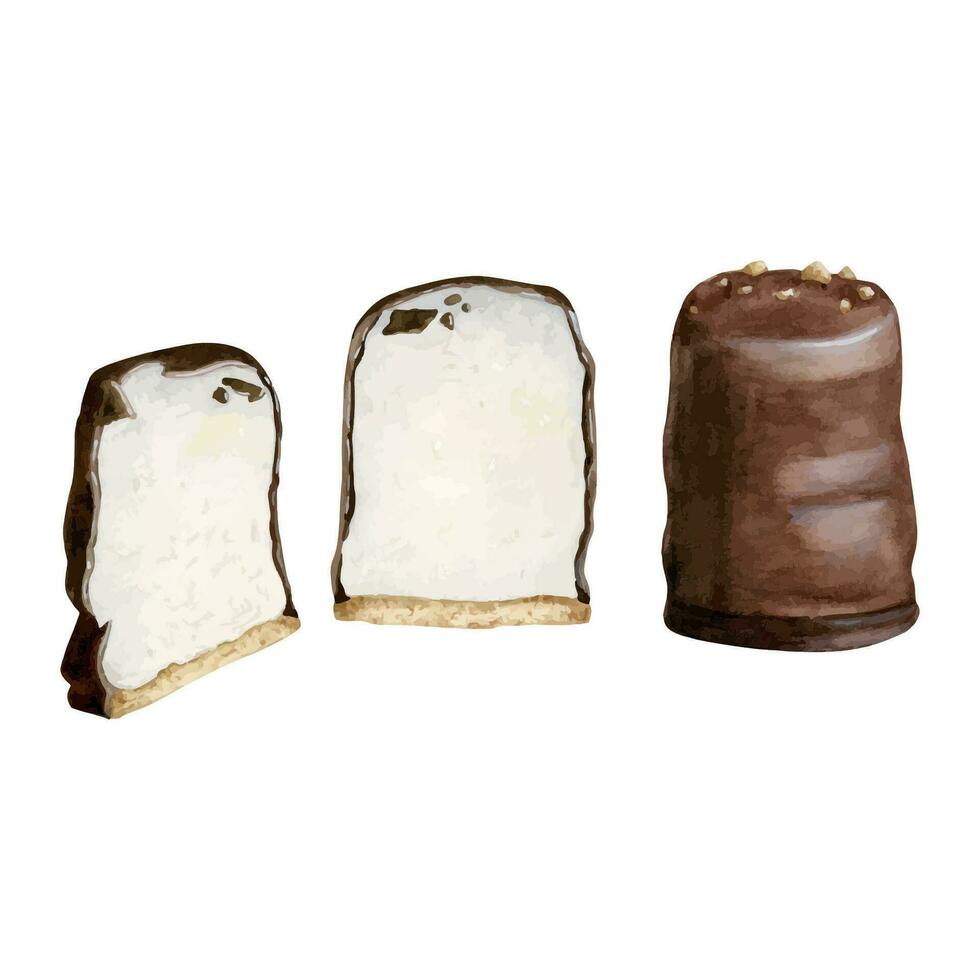 Chocolate-coated marshmallow treats realistic delicious vector illustration of foamy dessert