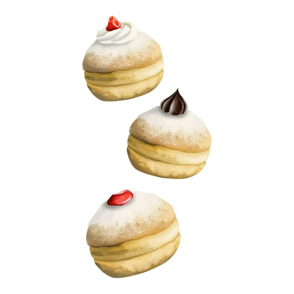 Tres Janucá rosquillas con mermelada y chocolate, acuarela vector ilustración para judío día festivo. sufganiyah, Israel comida
