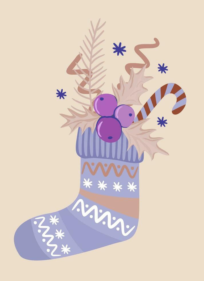 calentar de punto calcetín decorado con rayas, copos de nieve, puntos y zigzag líneas con Navidad regalos en él. invierno calzado. pastel colores vector