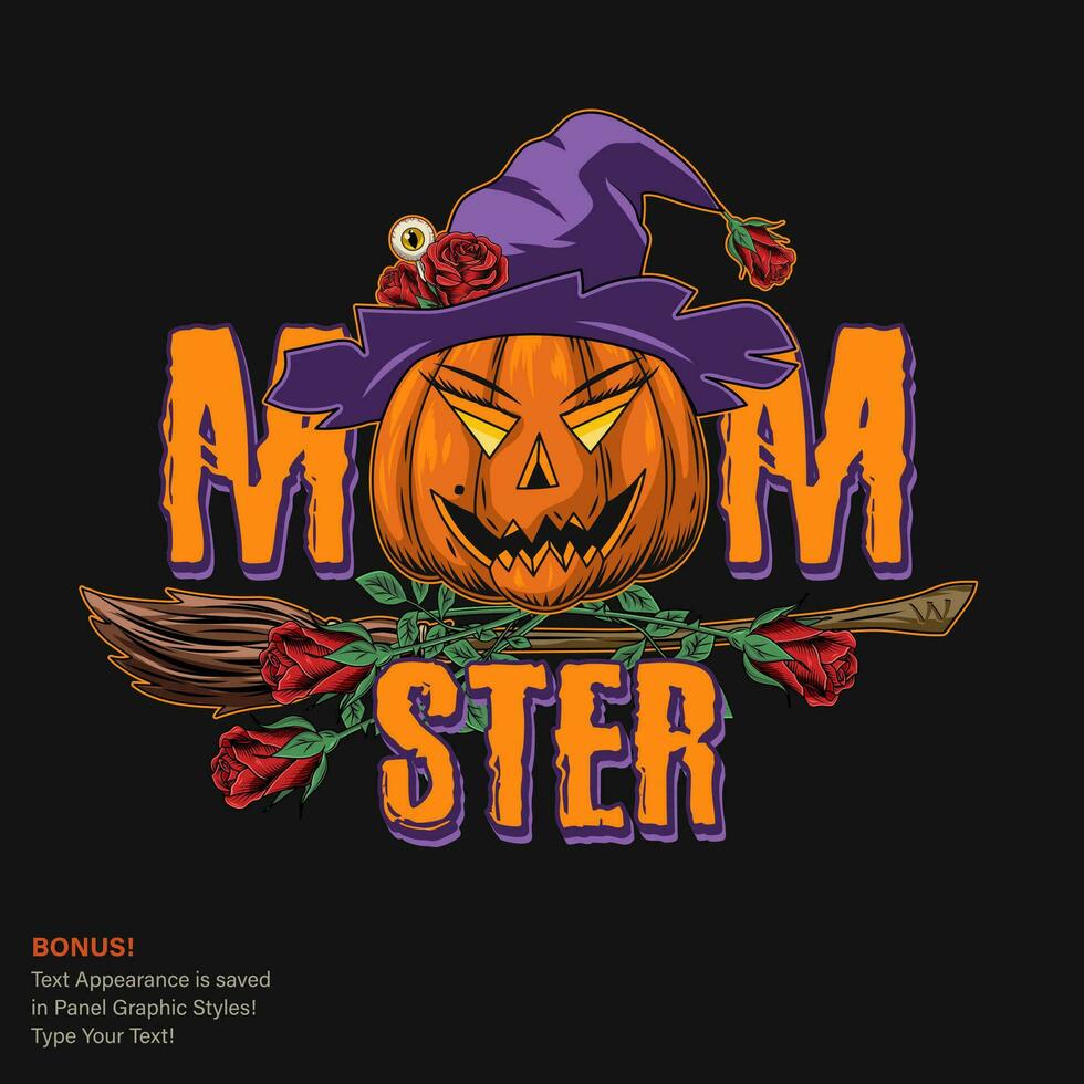 Halloween label with pumpkin Momster, broom, roses vector