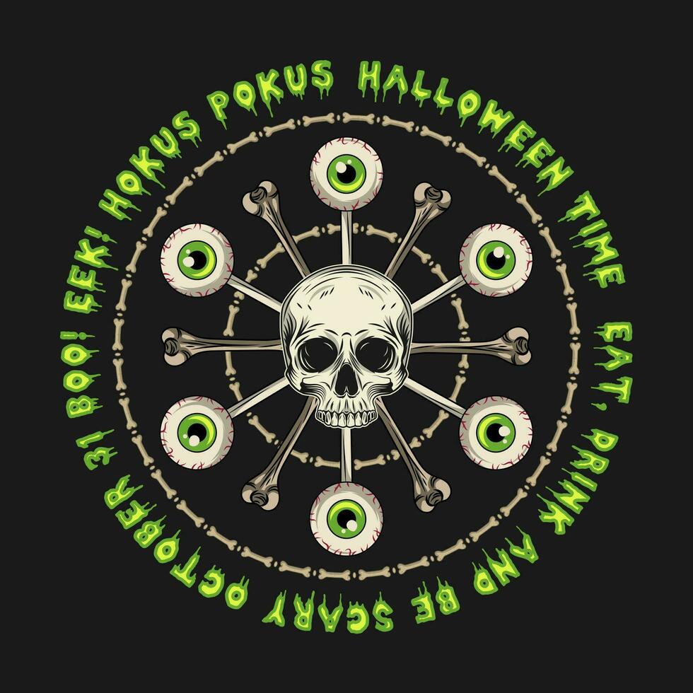 Halloween circle with eyeballs, skull, bones, text vector