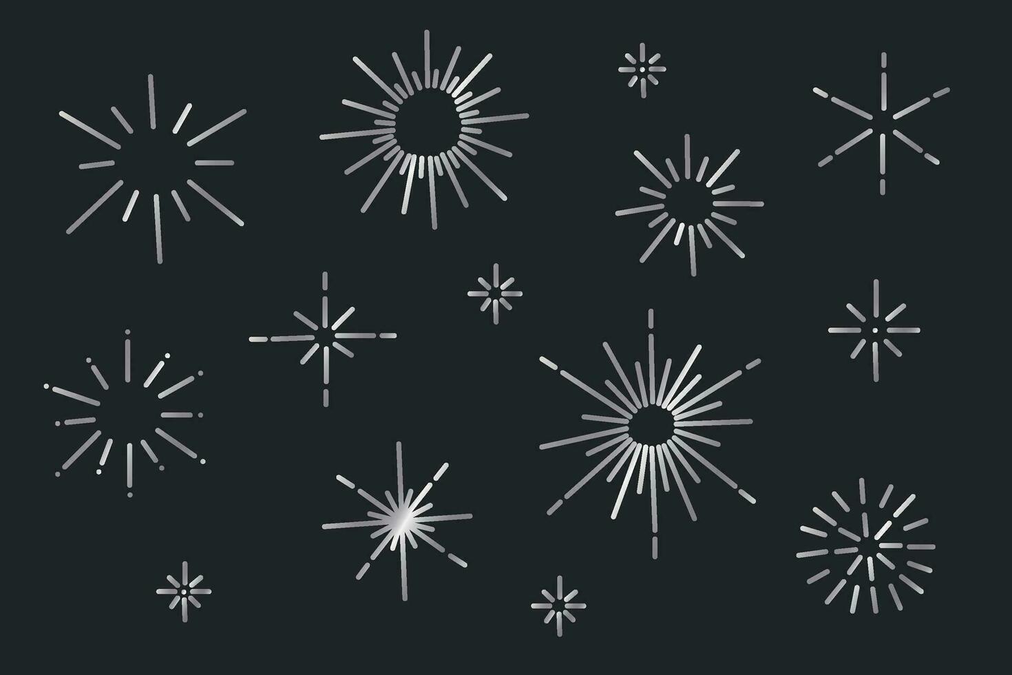 Clipart set of cute minimalistic gradient sunbursts. Doodle hand drawn silver sparkle, star and sun designs, rounded illustrations. vector