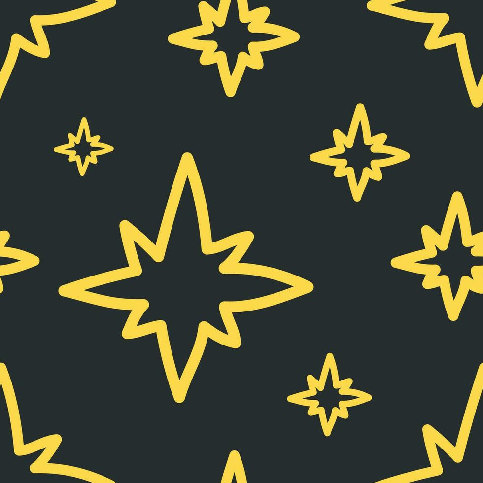 Cute seamless pattern of yellow doodle hand drawn stars on a dark background. Beautiful illustration, wrapping paper, textile. vector