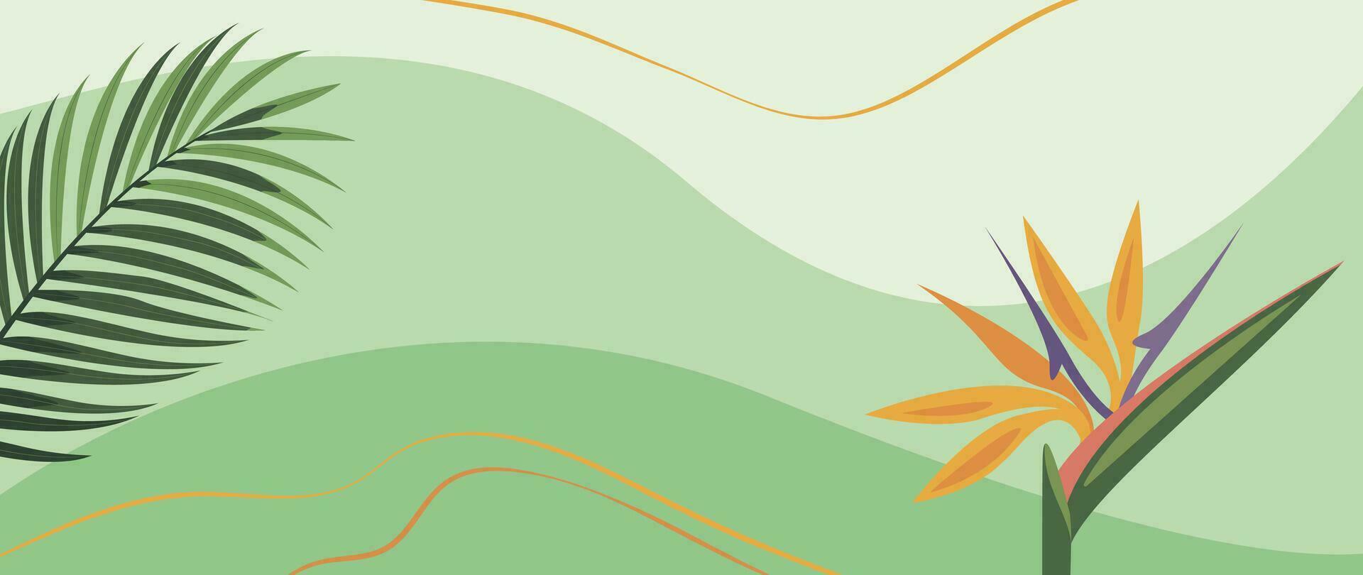 Tropical abstract background of hand drawn strelitzia flower and palm leaf. Vector botanical illustration for banner, poster, Web and packaging.