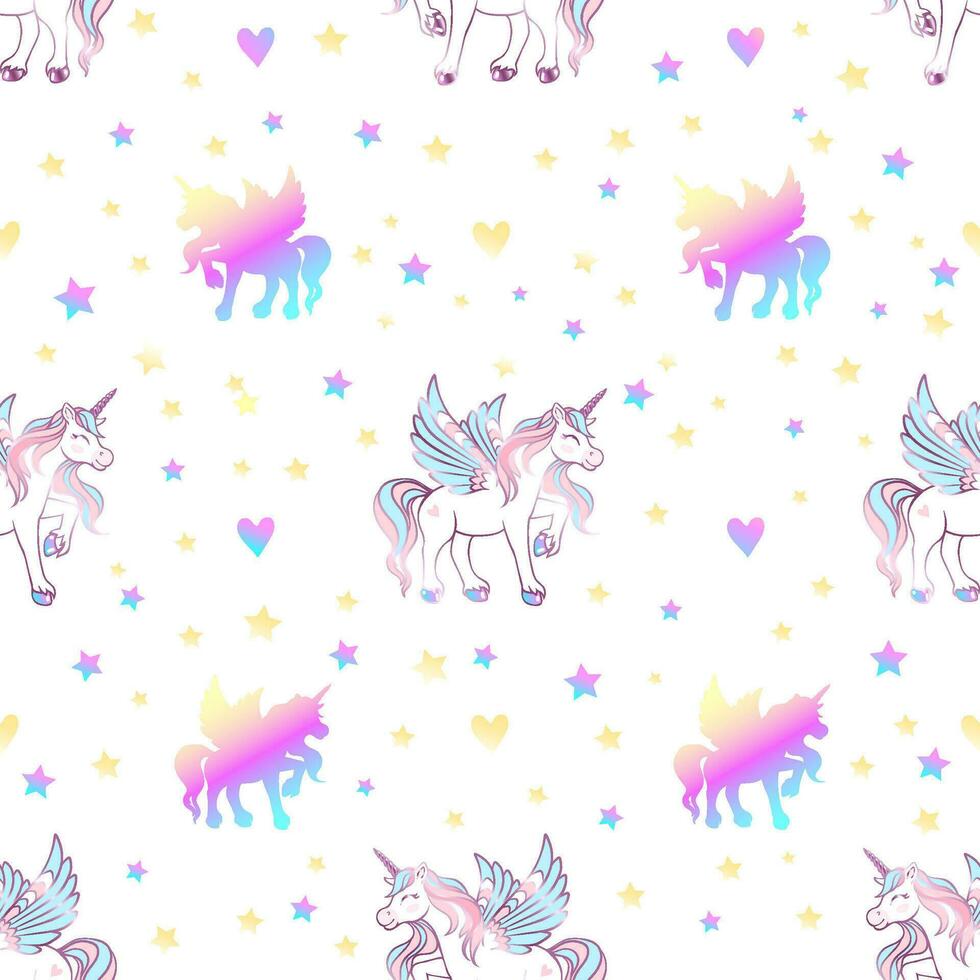 Cute magical unicorn with wings, hearts and stars. Seamless pattern on a white background. vector