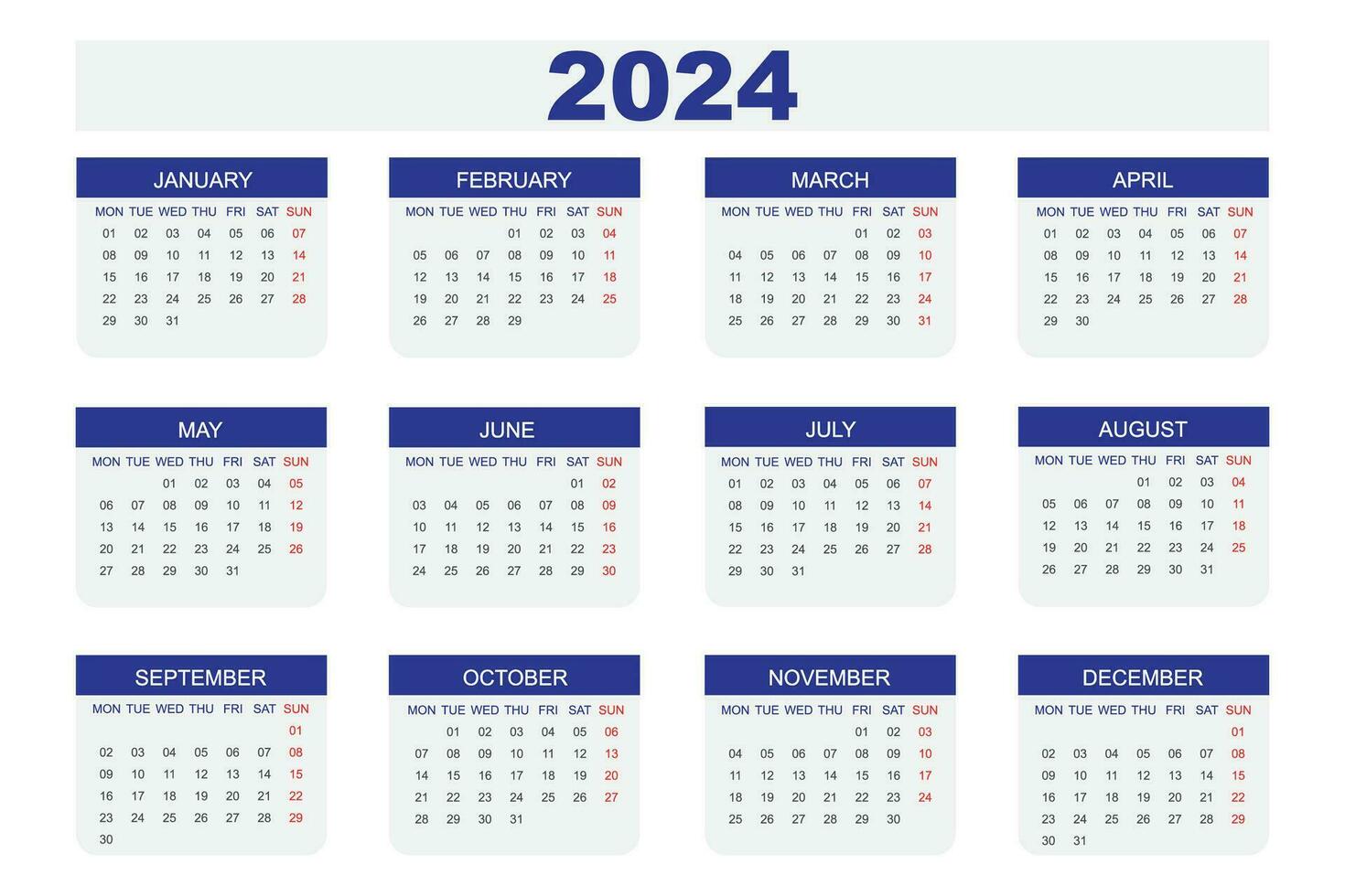 Horizontal 2024 wall calendar design template. vector