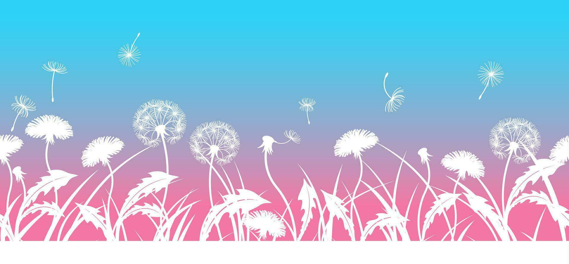 Horizontal seamless background of grass and dandelions, flowers, fluff and leaves. vector