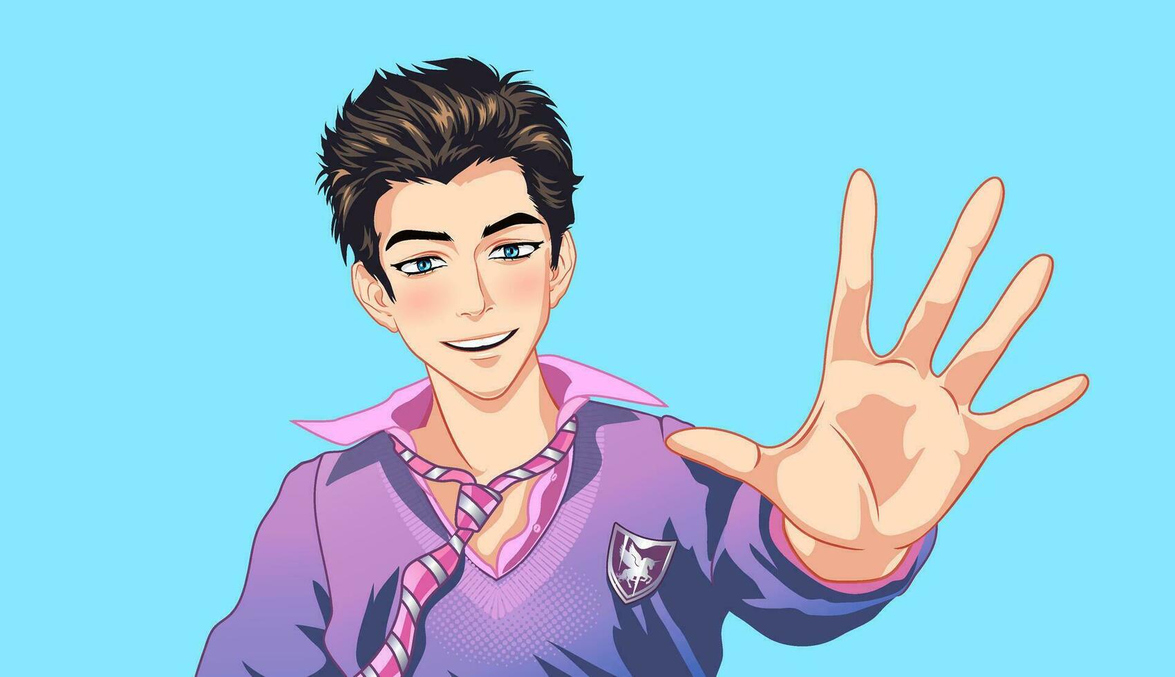 Young man with blue eyes greets joyfully. Handsome boy in school clothes on a blue background smiling. vector