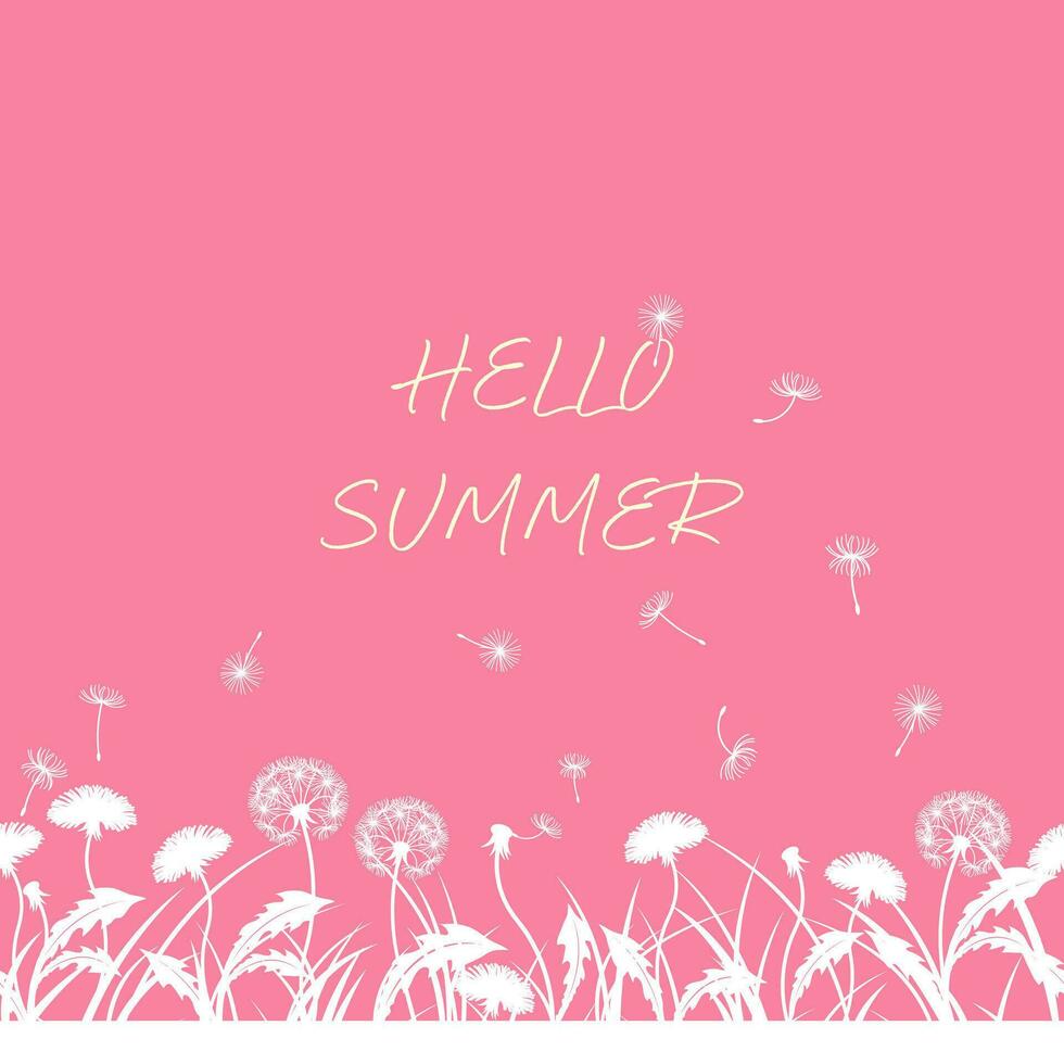 Summer background of grass and dandelions, flowers, fluff and leaves. Hello summer. vector