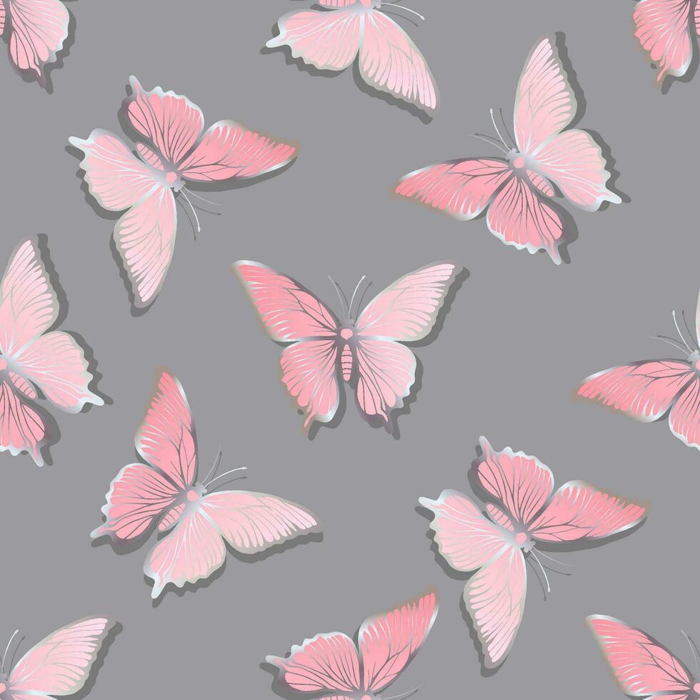 plateado rosado mariposas en un gris antecedentes. sin costura modelo de polillas vector