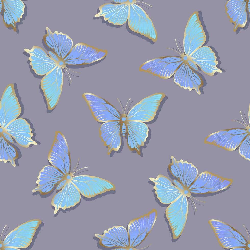 Golden blue butterflies on a gray background. Seamless pattern of moths. vector