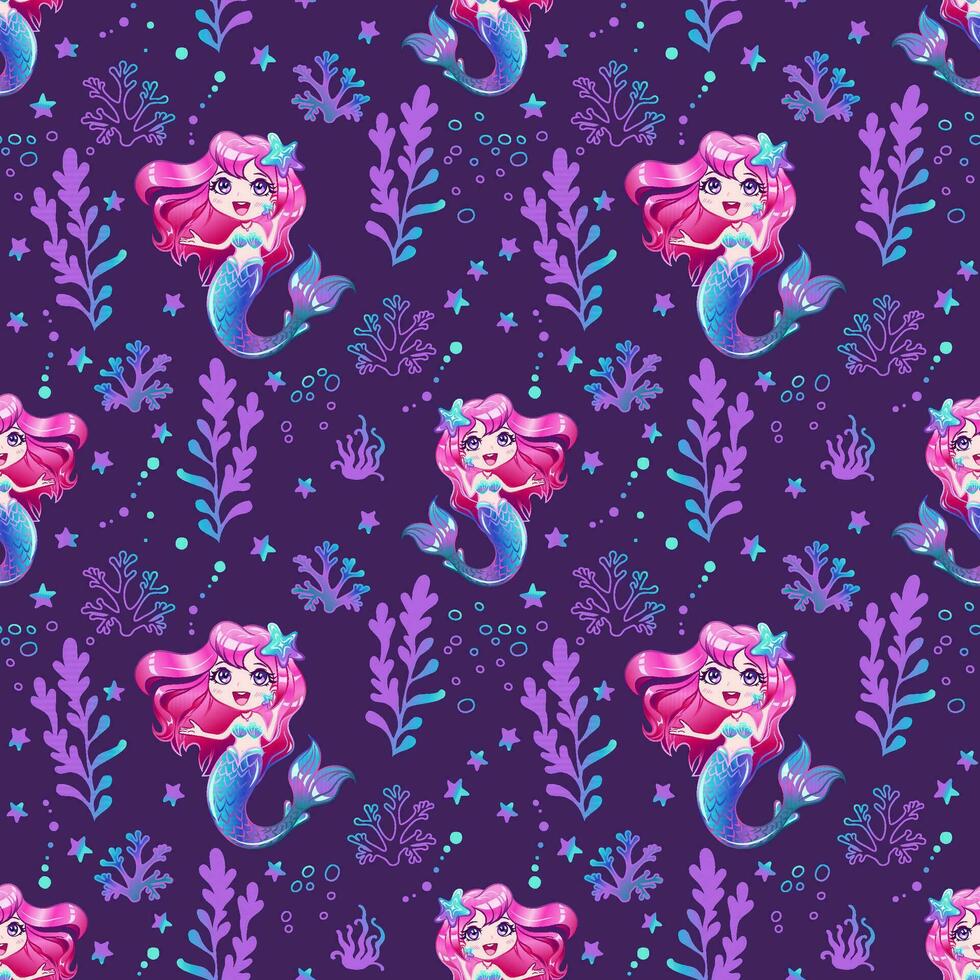 Seamless pattern with a cute mermaid with pink hair and seaweed on a blue background. vector