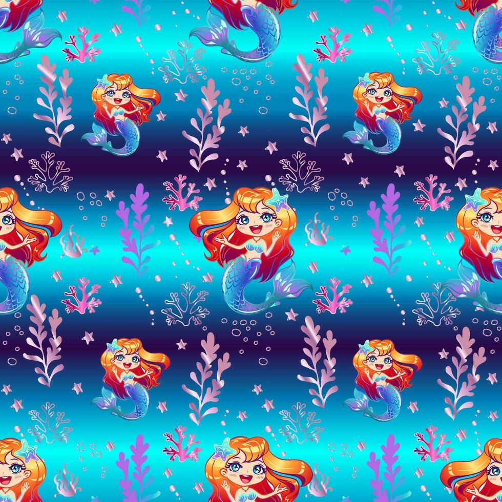 Seamless pattern cute mermaid 4 vector