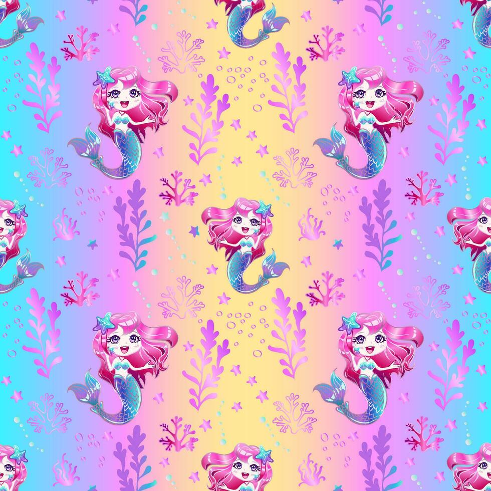 Seamless pattern with a cute mermaid with pink hair and golden seaweed on a rainbow background. vector