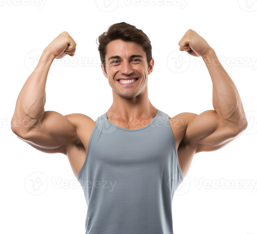 Smiling Male Athlete Flexing Muscle, Sport Empowered and Strong, Isolated on a transparent Background, A Portrait of Determination and Fitness Confidence, Ai generative png