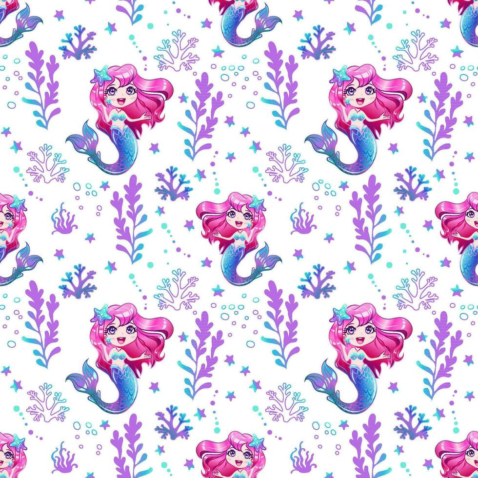 Seamless pattern with cute mermaid with pink hair and seaweed. vector