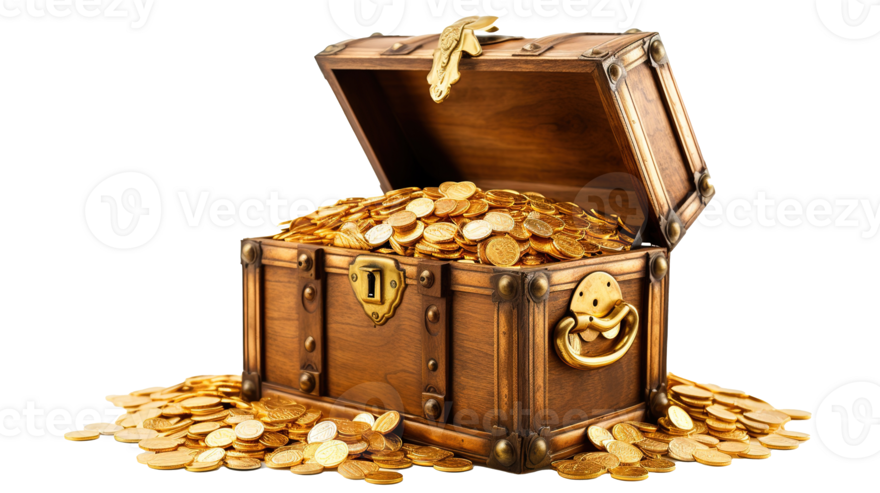 Treasure Chest Full of Glittering Gold Coins, A Symbol of Wealth and Prosperity, Isolated on a Crystal-Clear Transparent Background, Ai generative png