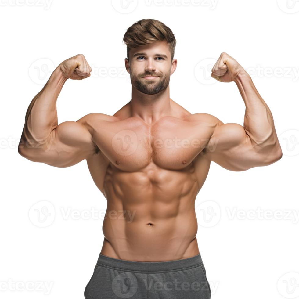 Smiling Male Athlete Flexing Muscle, Sport Empowered and Strong, Isolated on a transparent Background, A Portrait of Determination and Fitness Confidence, Ai generative png