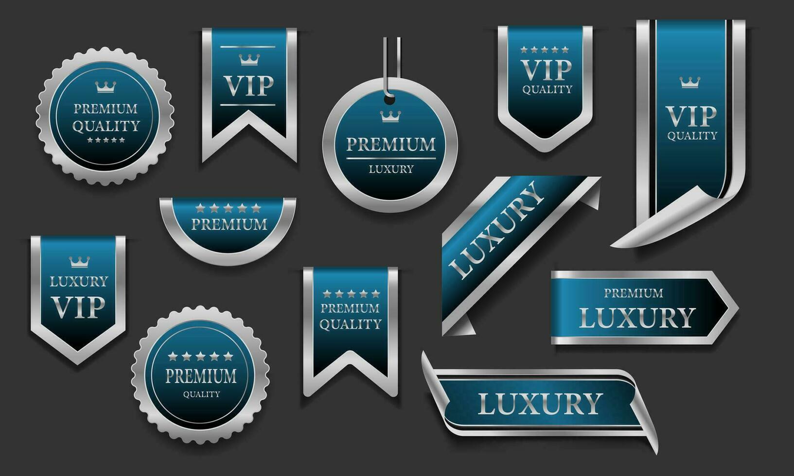 Blue silver luxury premium quality label badges on grey background vector