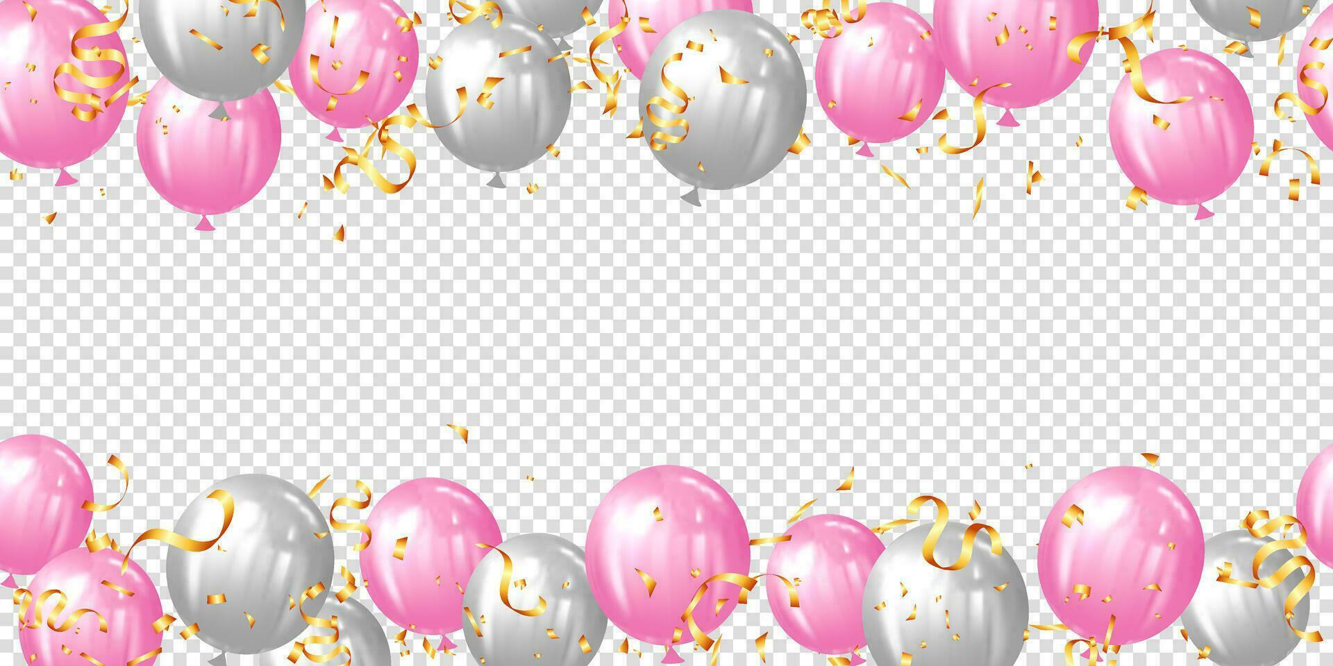 realistic helium pink and white balloons banner background. gold confetti vector