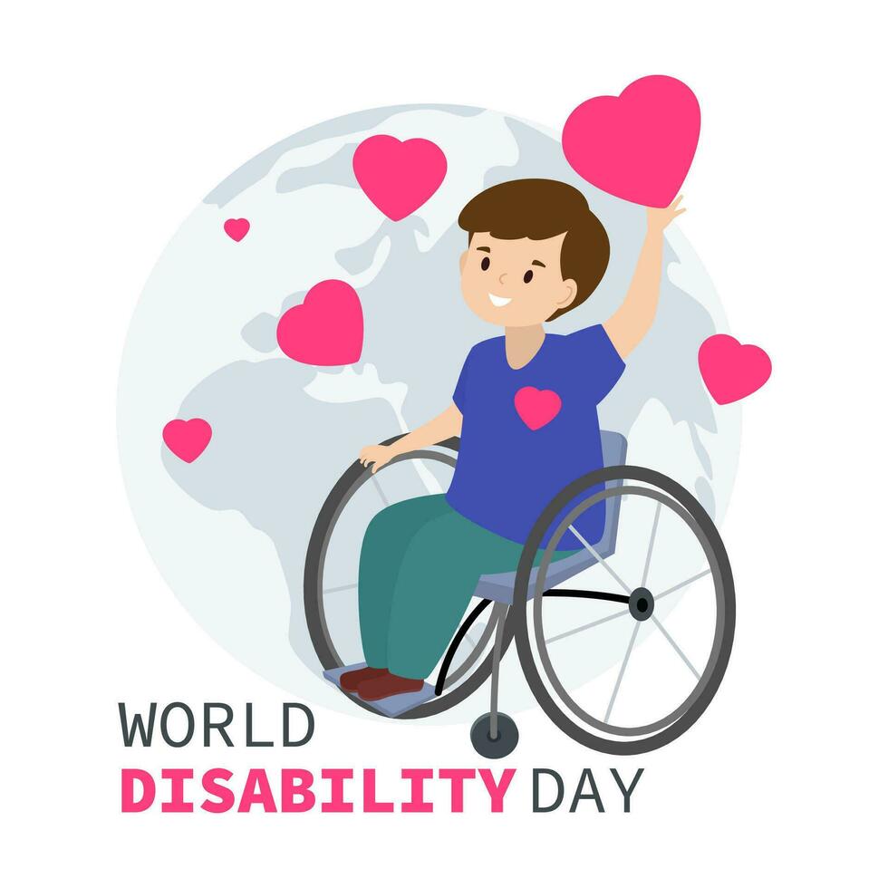 World Disability. Concept of supporting people with disabilities. Disabled person in a wheelchair holding hearts. Modern vector illustration.