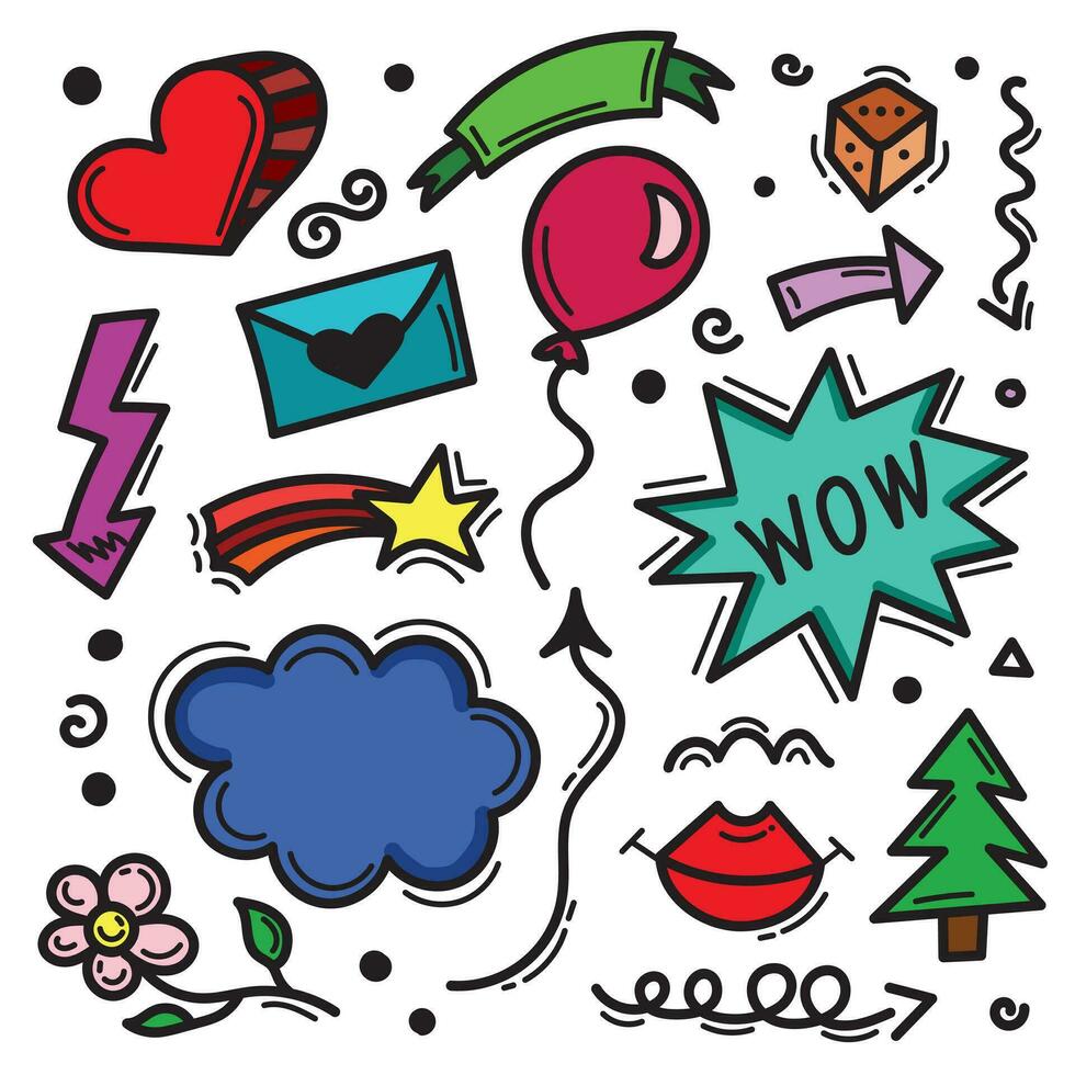 Set of Decorative Fashion colorful doodles. Isolated on white background. vector