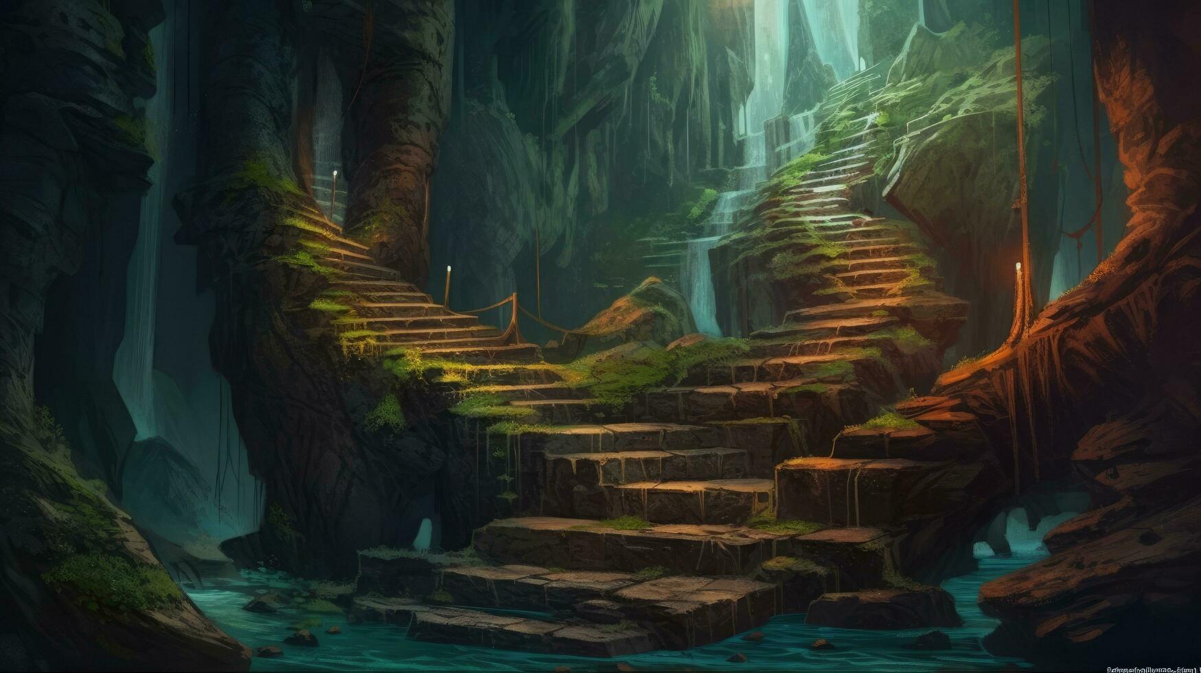 Mysterious Stone Cave Stairs Leading to Fabled Depths Fantasy Background Illustration for Posters photo