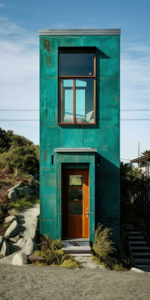 soledad en el Oceano ver un acogedor pequeño casa con un Chimenea y un soltero puerta foto