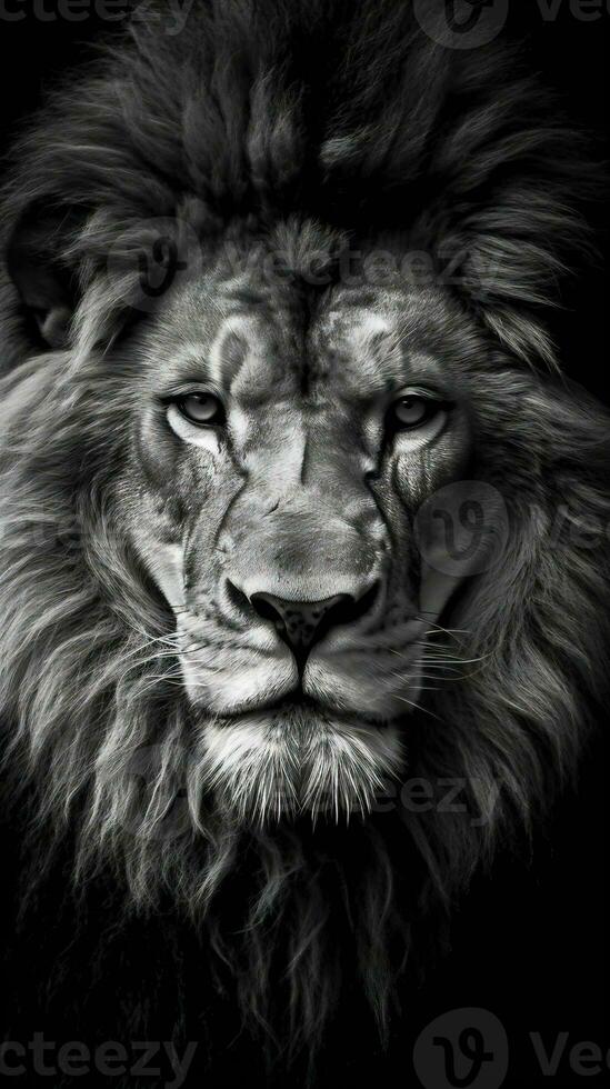 Majestic Black and White Lion on Dark Background Generative AI photo