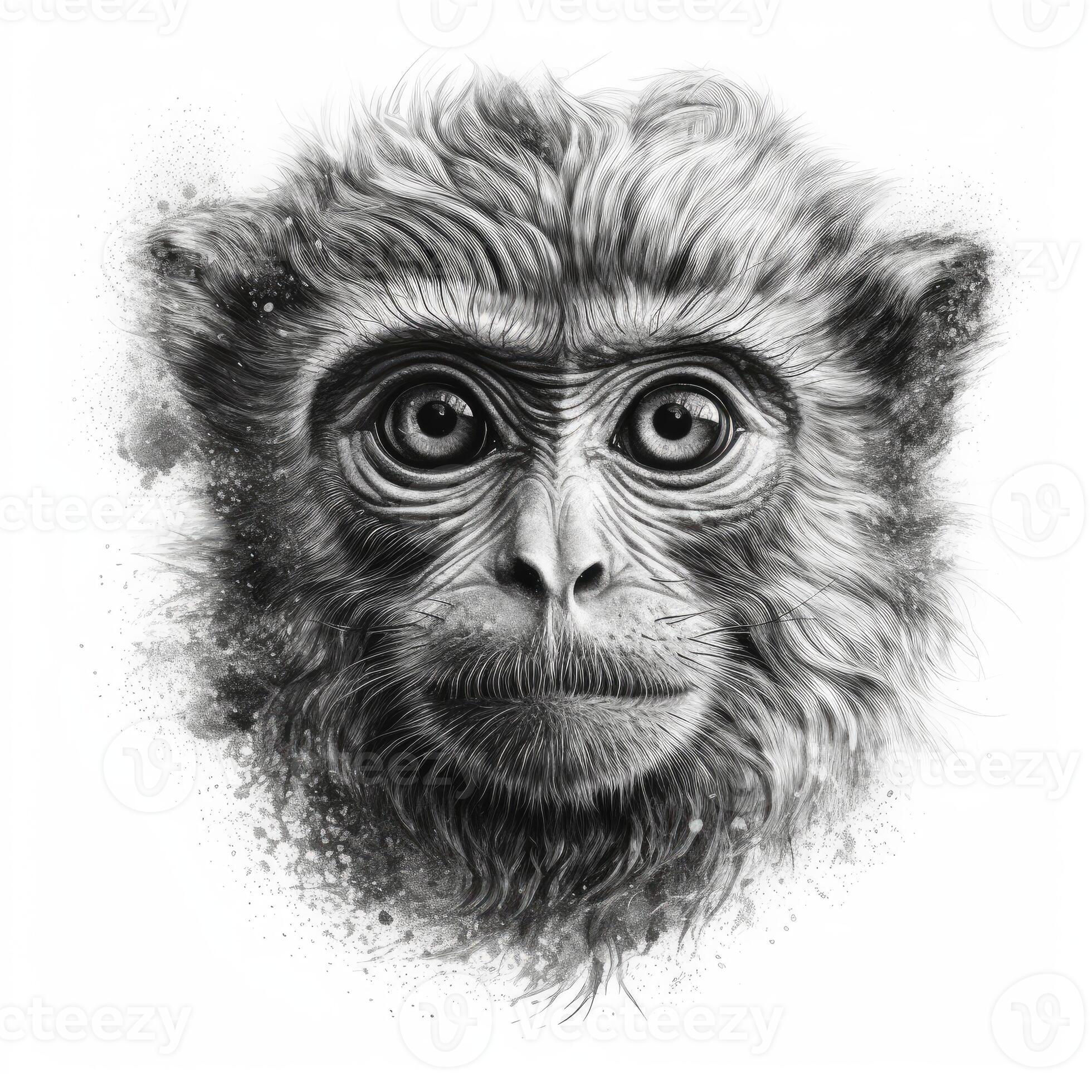 Macaco de desenho animado estilo blackwork impressionista realista sobre  fundo branco