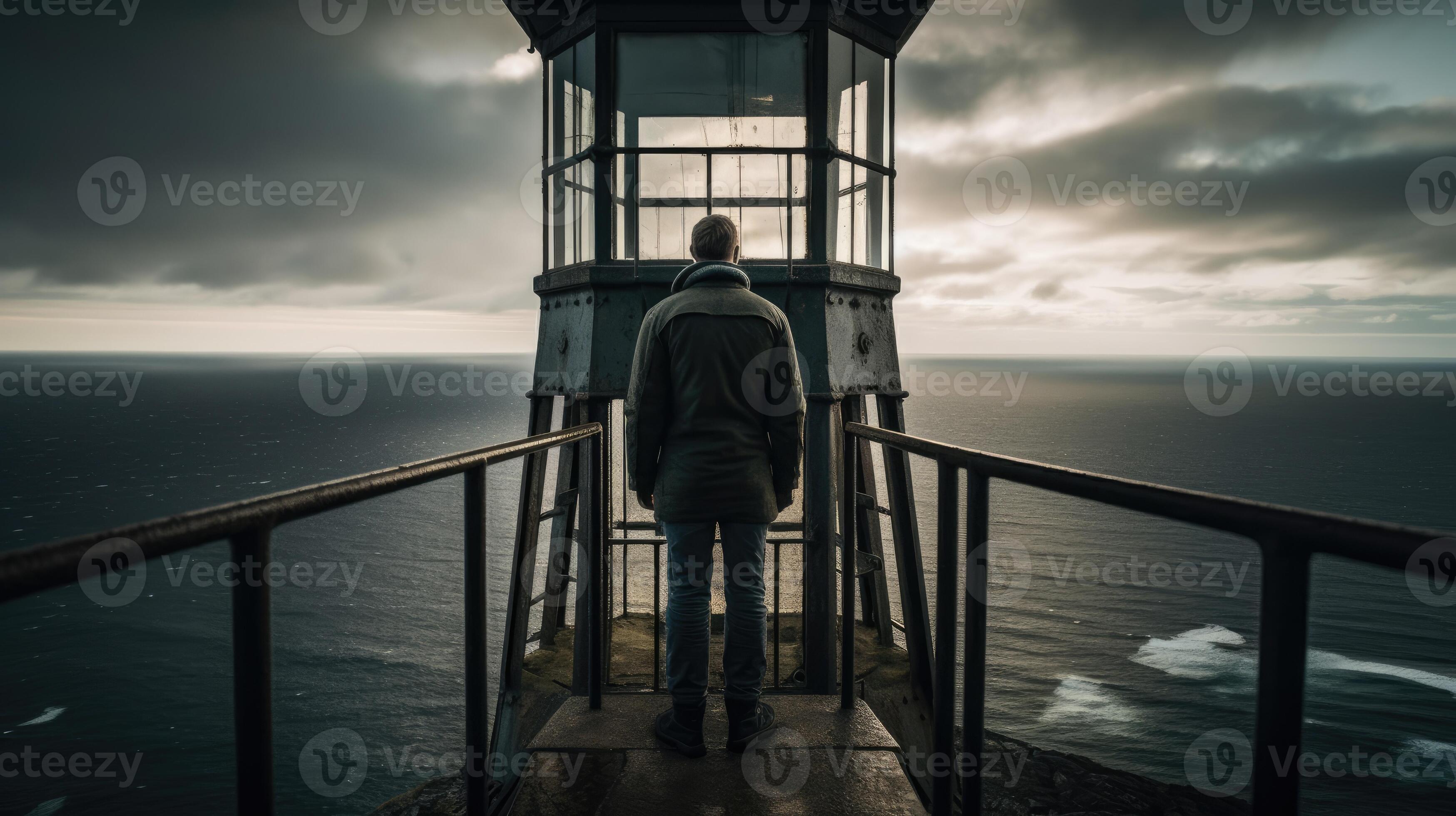 Lighthouse Watcher A Figure Standing at the Top of a Lighthouse Gazing