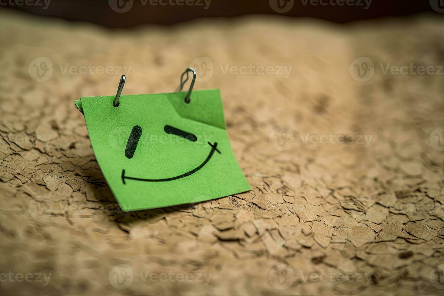 Green Paper Note with Sad Face on Cork Board  Depressed and Unhappy Concept photo