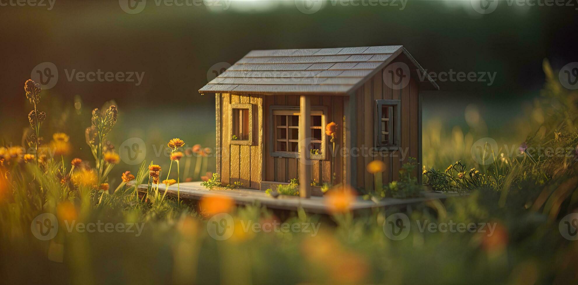 Charming Wooden House in a Lush Green Field with Floral Surroundings Perfect for Invitations and photo