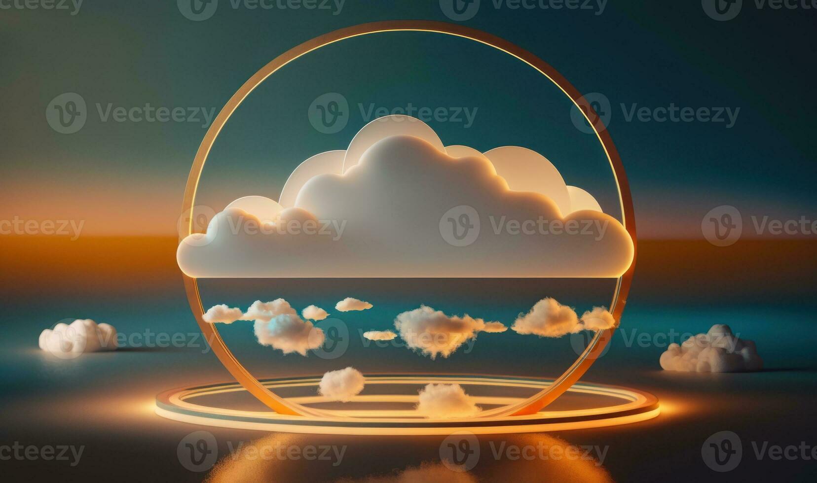 Abstract Geometric Background with Glowing Neon Round Frame and Illuminated Cumulus Clouds photo