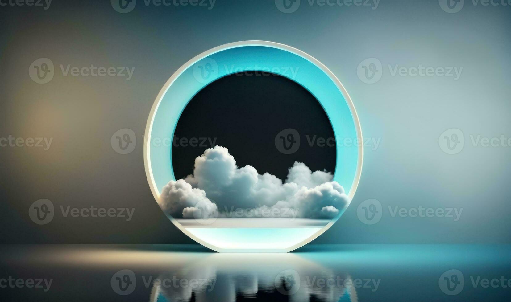 Abstract Geometric Background with Glowing Neon Round Frame and Illuminated Cumulus Clouds photo