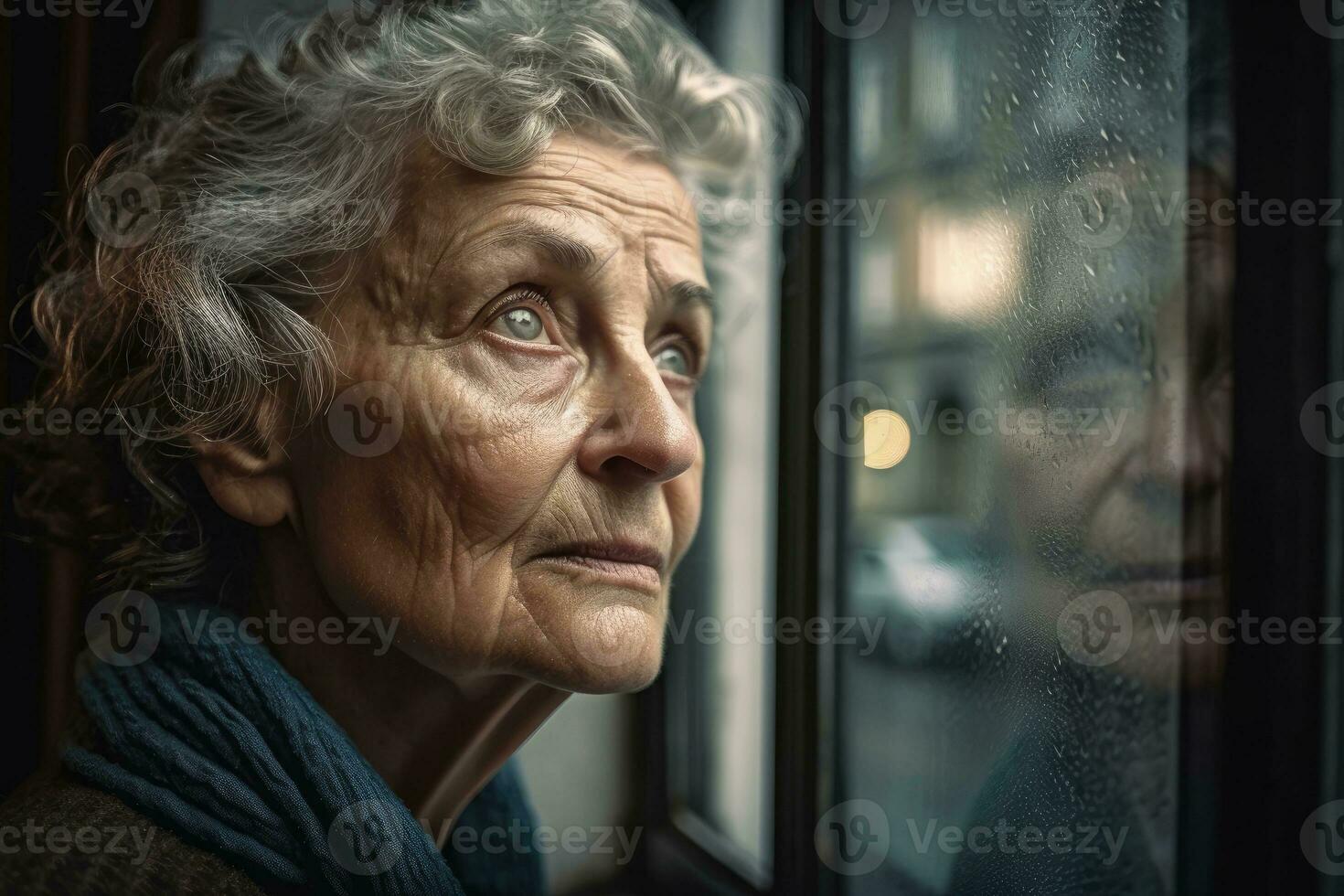 Elderly Woman Gazing Out Window with Stunning Realism and Multiple Camera Angles photo