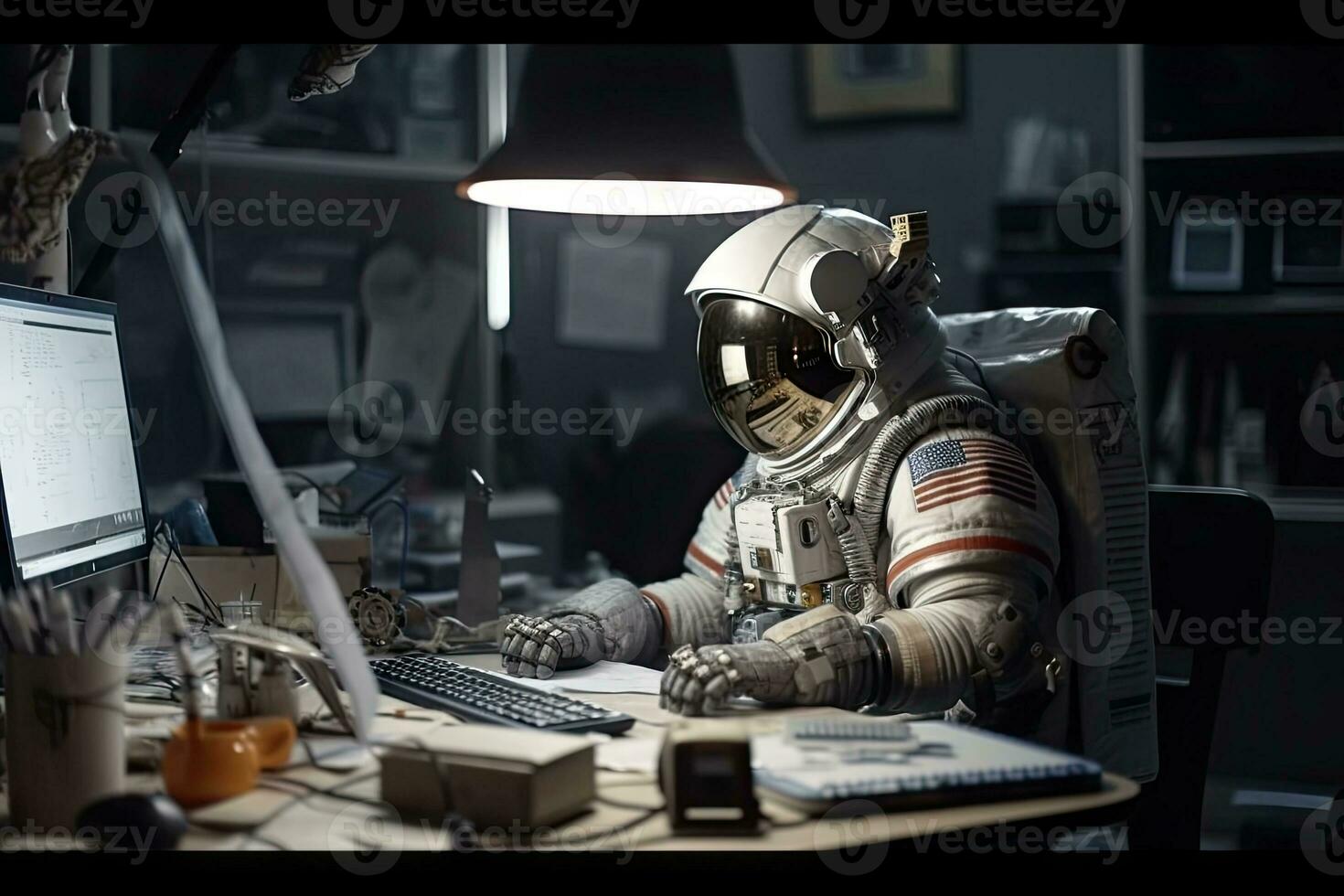 Astronaut Working on Laptop at Desk in Space photo