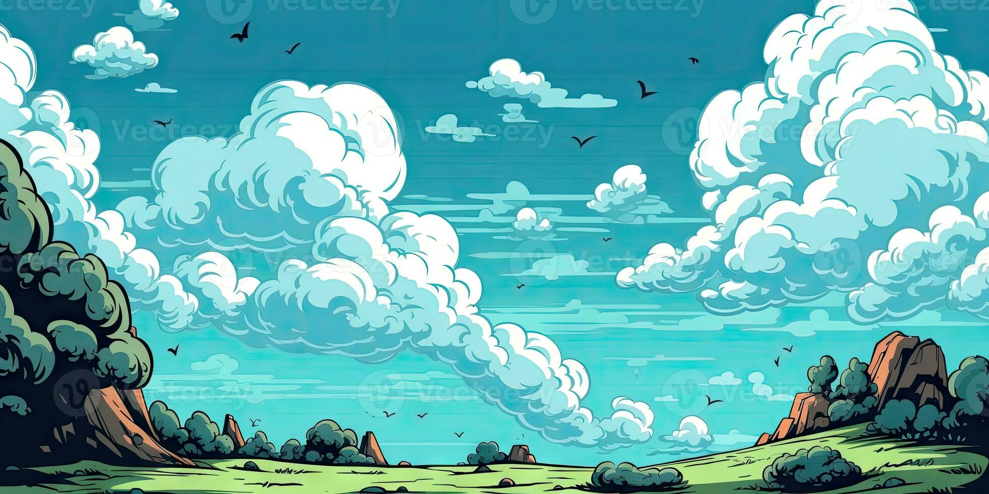 Whimsical Cartoon Comic Background with Blue Sky photo