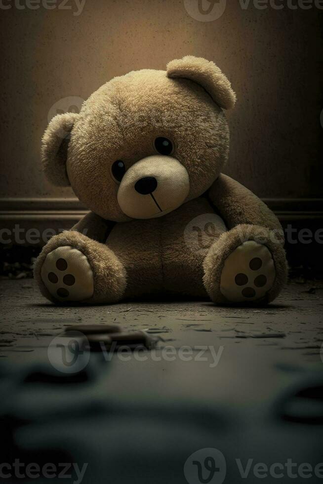 Lonely Teddy Bear on the Floor  Symbol of Solitude and Sadness for Greeting Cards and Posters photo