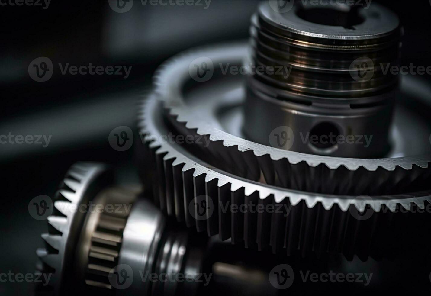 Mechanical Abstraction CloseUp of Gears and Gear Shaft in Dark and Light Gray photo