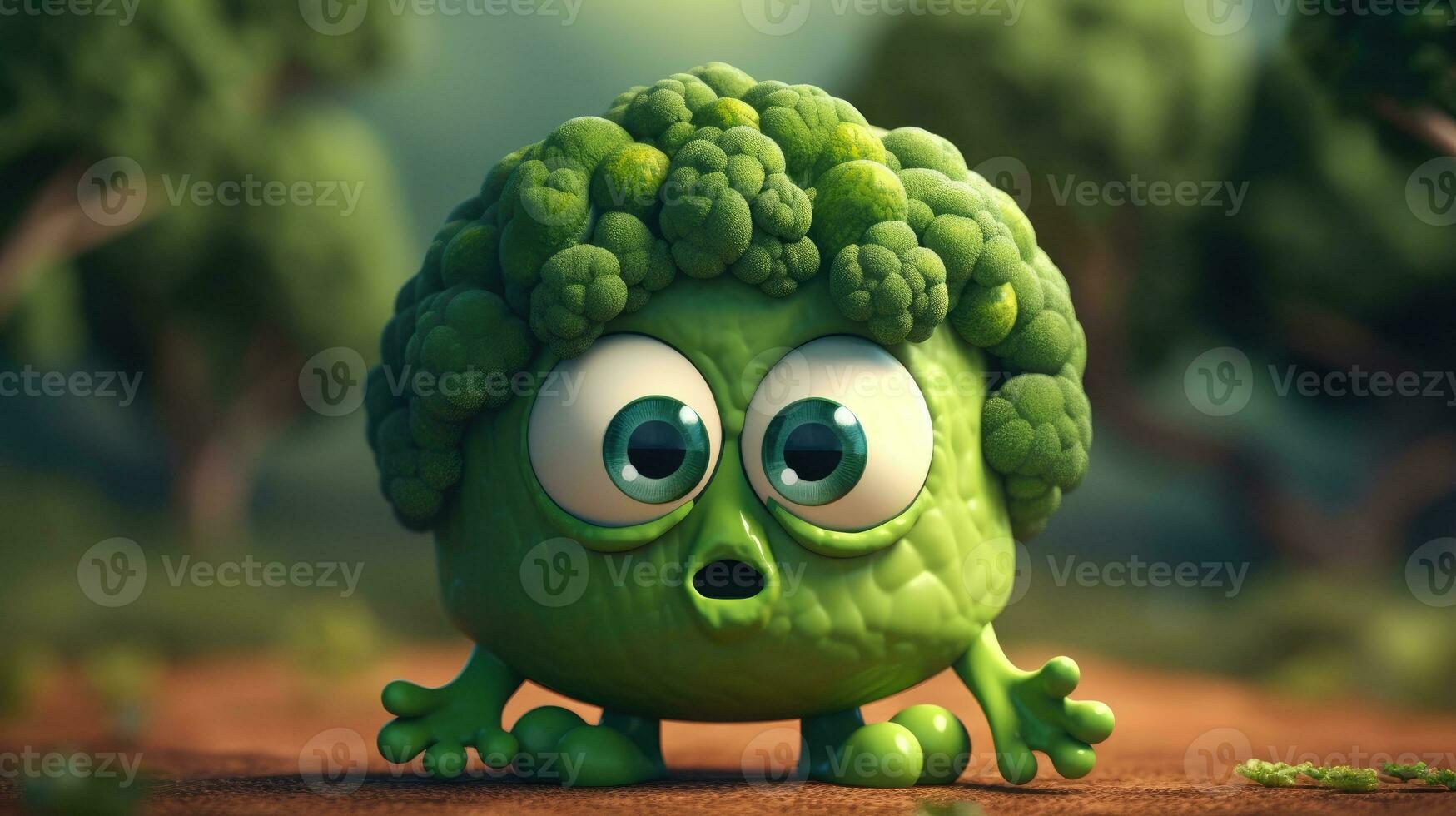 Adorable Broccoli Cartoon Character with Expressive Eyes photo