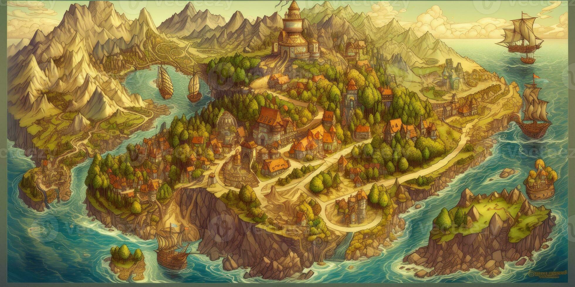 Intricate BaroqueStyle Fantasy Map on Old Parchment with Vivid Colors photo