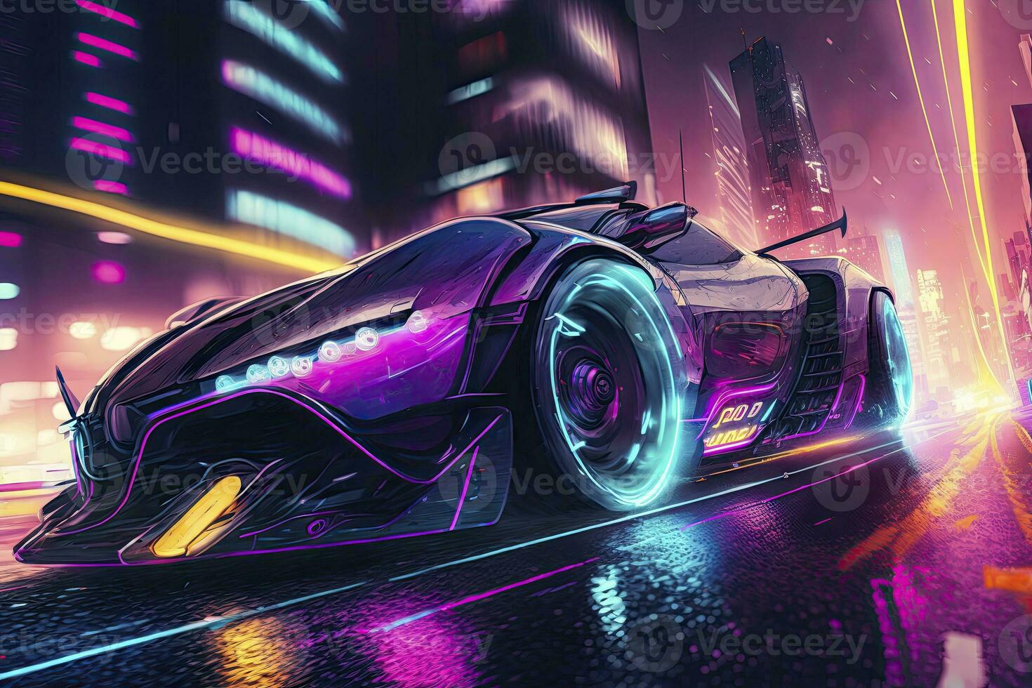 Speeding Through a Neon Cyberpunk City in a Sports Car photo