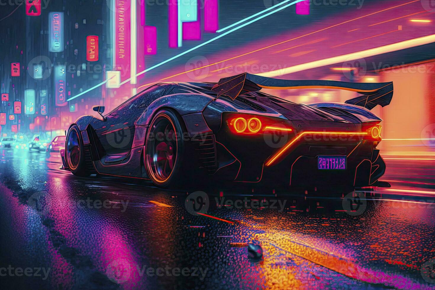 Speeding Through a Neon Cyberpunk City in a Sports Car photo