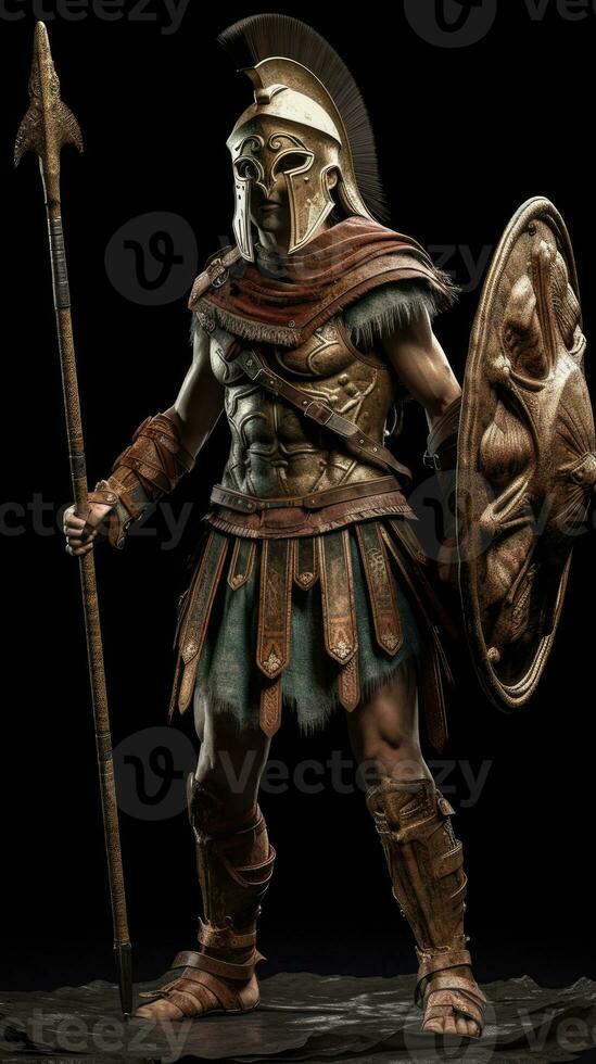 Greek Hoplite Warrior with Battle Scars and War Paint Standing in Motion Graphics photo