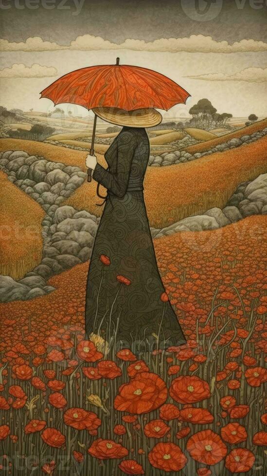 Intricate NeoImpressionist and Ukiyoe Fusion Paper Art of Rolling Poppy Fields in Japan photo
